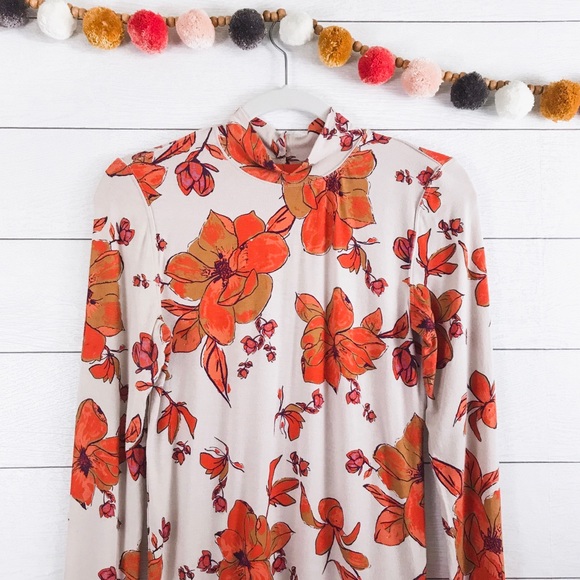 Free People •Orange Floral Mock Neck Chocolate Top - Picture 4 of 8